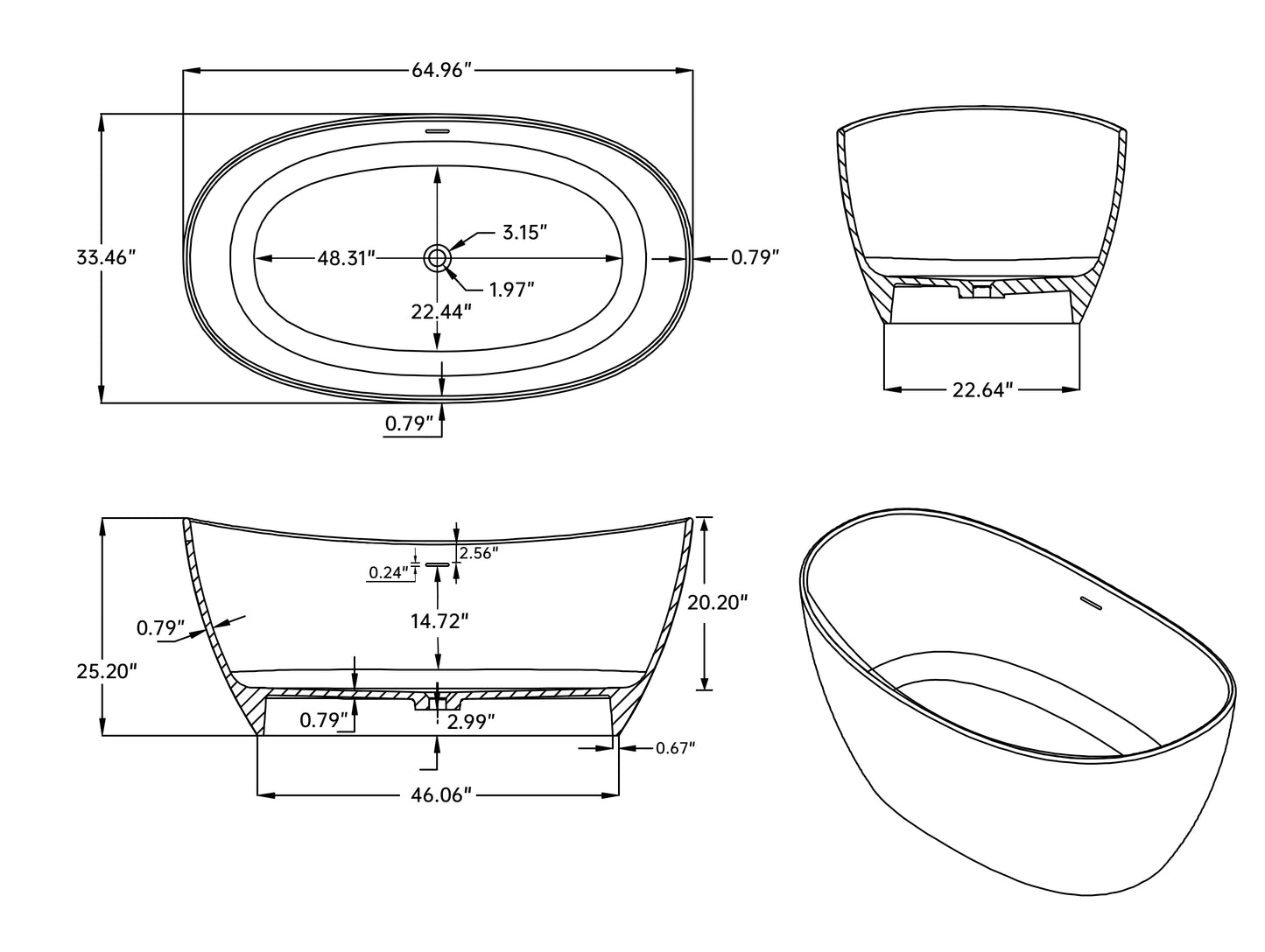 Medunjess 65" Modern Solid Surface Freestanding Bathtub Deep Soaking Tubs