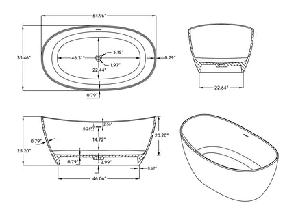 Medunjess 65" Modern Solid Surface Freestanding Bathtub Deep Soaking Tubs