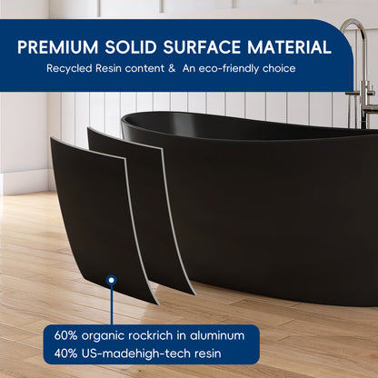 Medunjess 65" Black Solid Surface Freestanding Bathtub Deep Soaking Tubs
