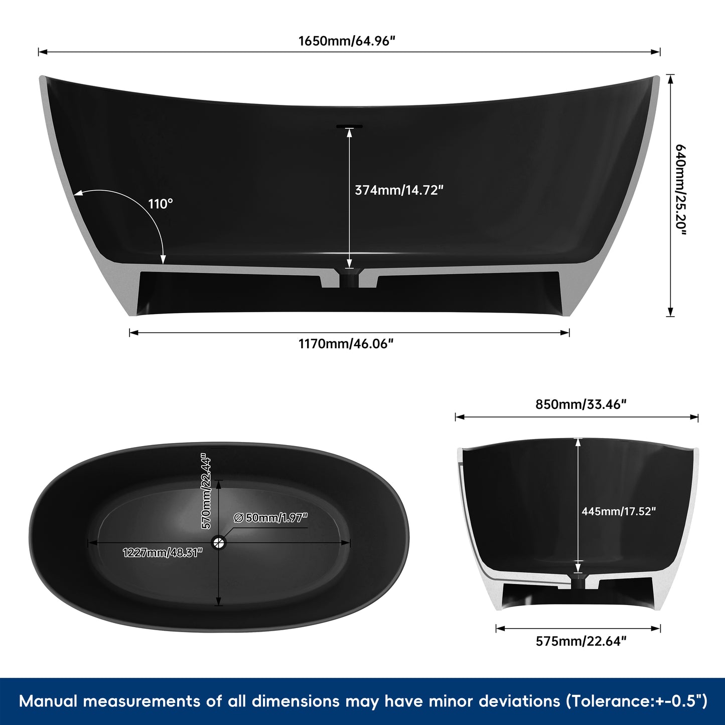 Medunjess 65" Black Solid Surface Freestanding Bathtub Deep Soaking Tubs