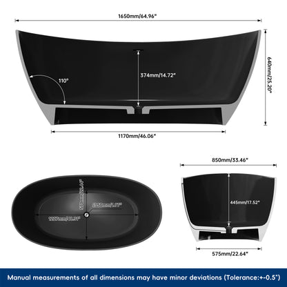 Medunjess 65" Black Solid Surface Freestanding Bathtub Deep Soaking Tubs