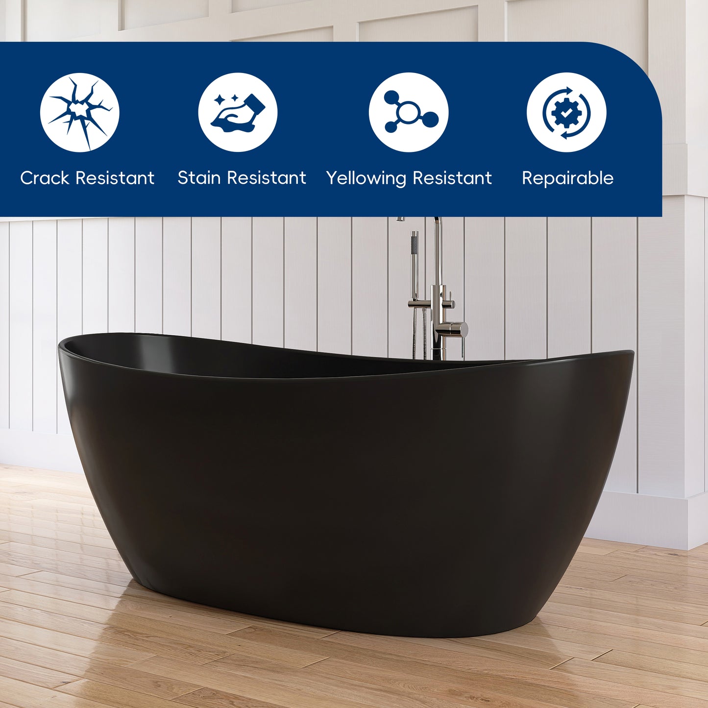 Medunjess 65" Black Solid Surface Freestanding Bathtub Deep Soaking Tubs