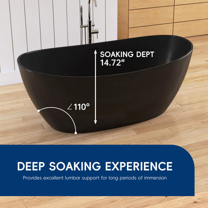 Medunjess 65" Black Solid Surface Freestanding Bathtub Deep Soaking Tubs