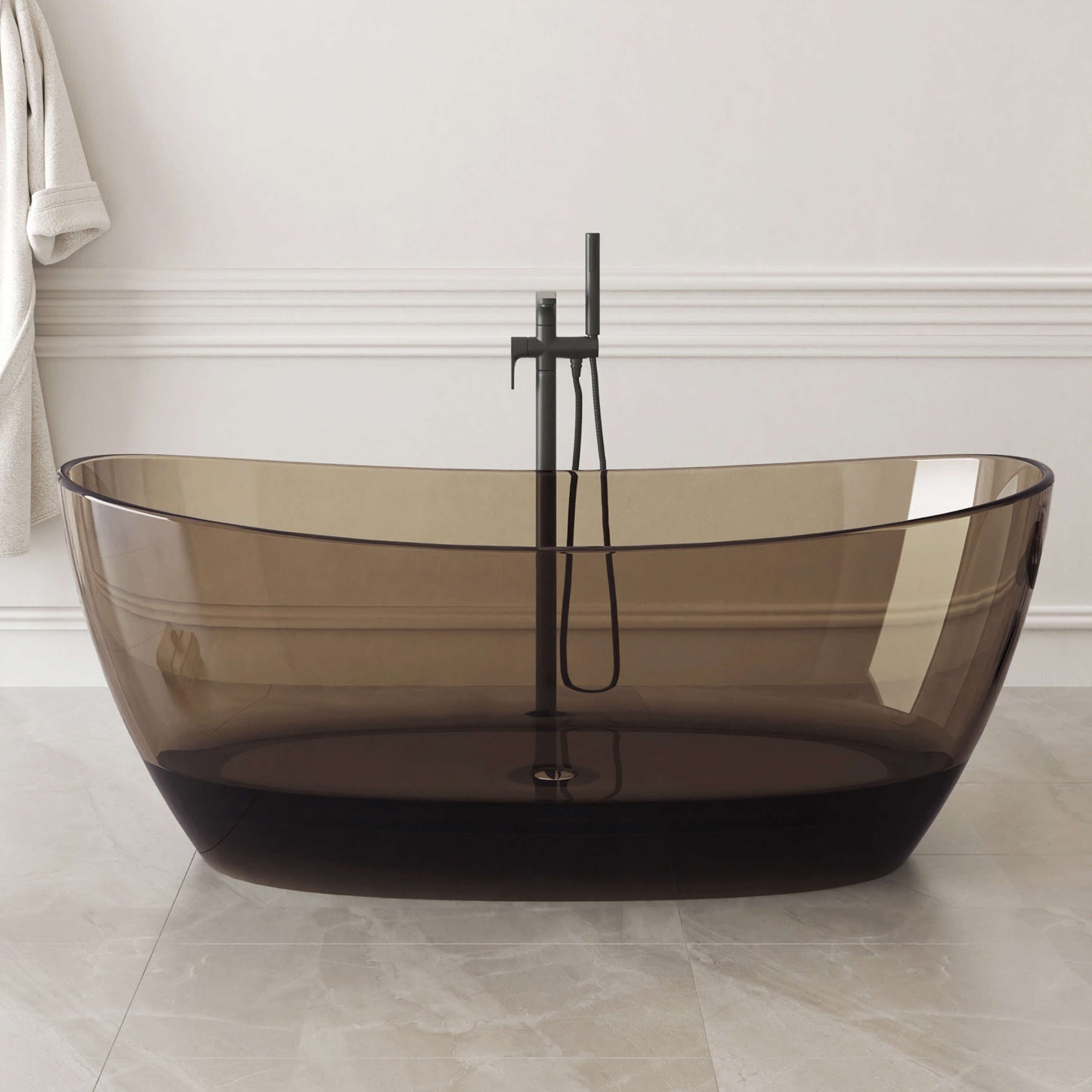Medunjess 65'' Freestanding Bathtub Solid Surface Deep Soaking Tubs Double Slippers,Sepia