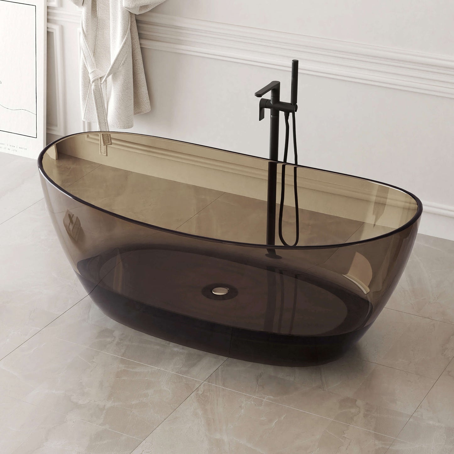 Medunjess 65'' Freestanding Bathtub Solid Surface Deep Soaking Tubs Double Slippers,Sepia