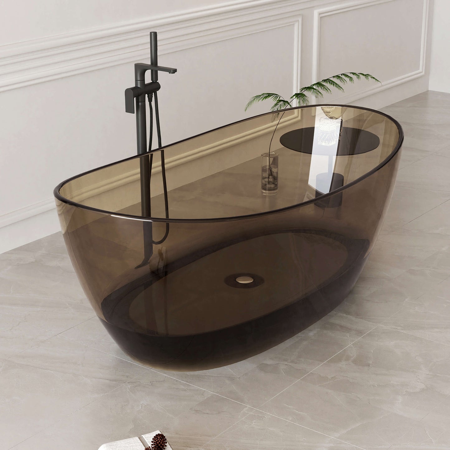 Medunjess 65'' Freestanding Bathtub Solid Surface Deep Soaking Tubs Double Slippers,Sepia