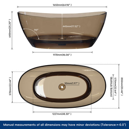 Medunjess 65'' Freestanding Bathtub Solid Surface Deep Soaking Tubs Double Slippers,Sepia