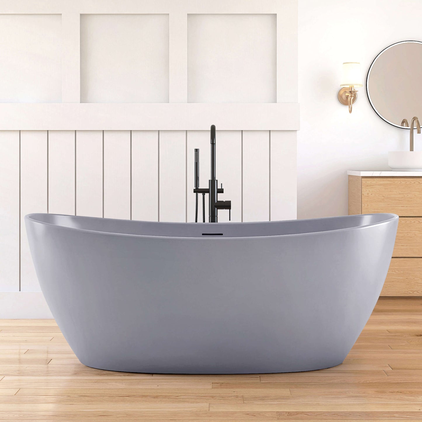 Medunjess 65'' Freestanding Bathtub Solid Surface Deep Soaking Tubs Double Slippers