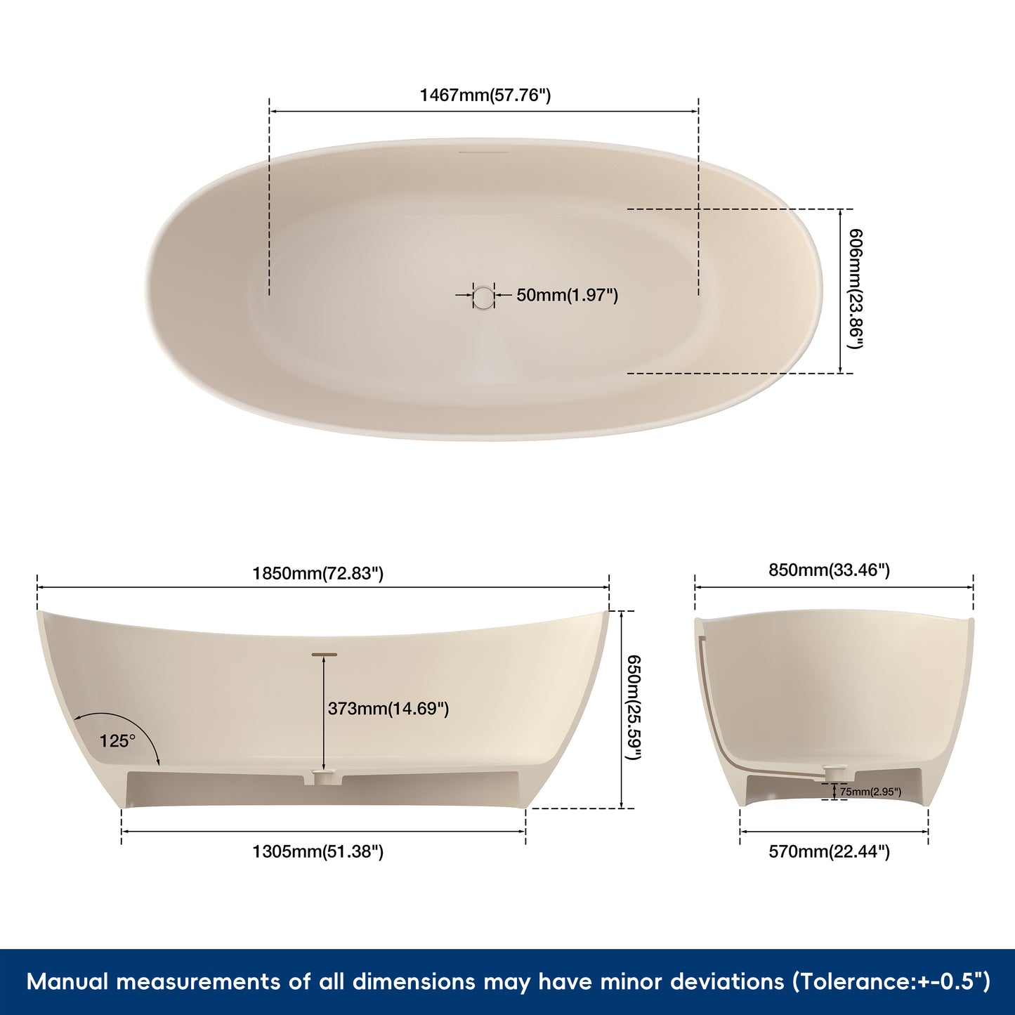 Medunjess 73" Milk-Coffee Monolith Freestanding Bathtub Solid Surface Stone