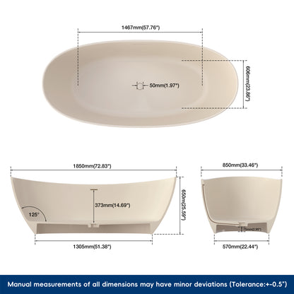 Medunjess 73" Milk-Coffee Monolith Freestanding Bathtub Solid Surface Stone