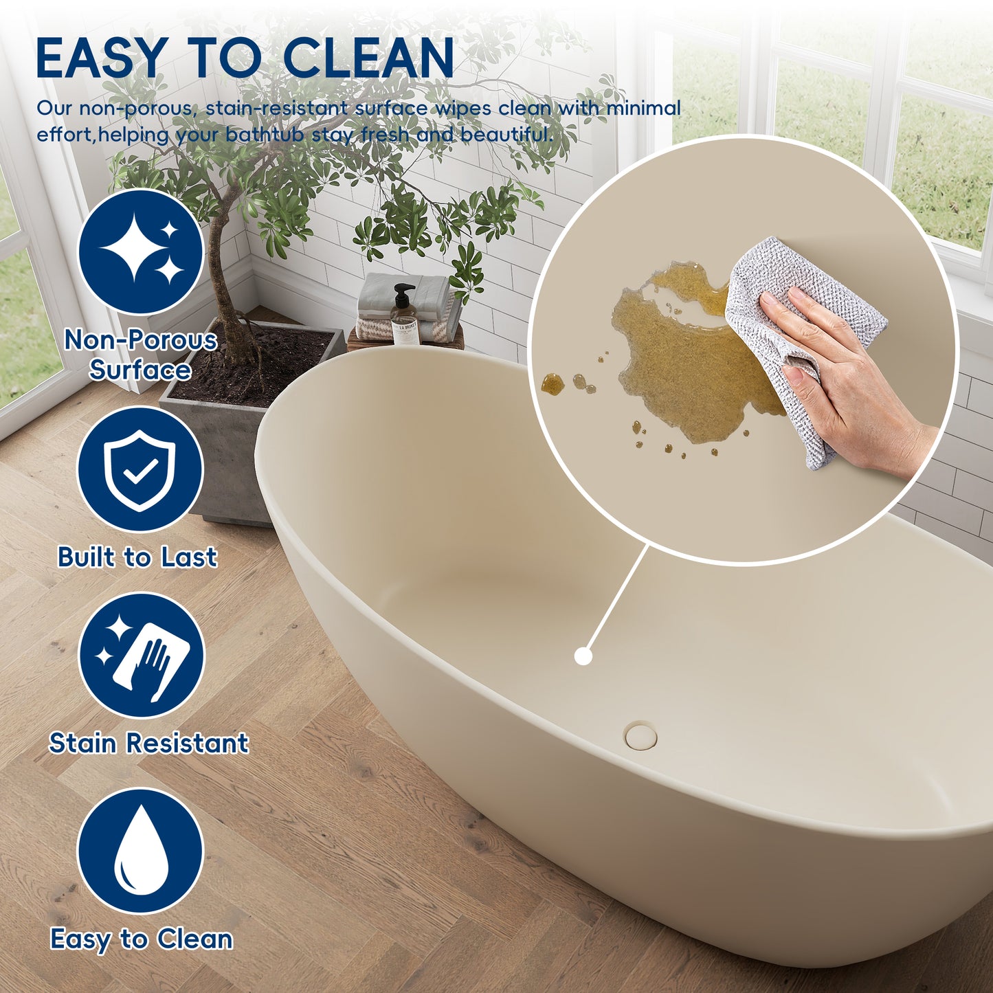 Medunjess 73" Milk-Coffee Monolith Freestanding Bathtub Solid Surface Stone