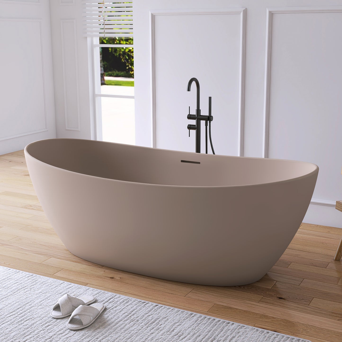 Medunjess 73" Gray-Coffee Monolith Freestanding Bathtub Solid Surface Stone