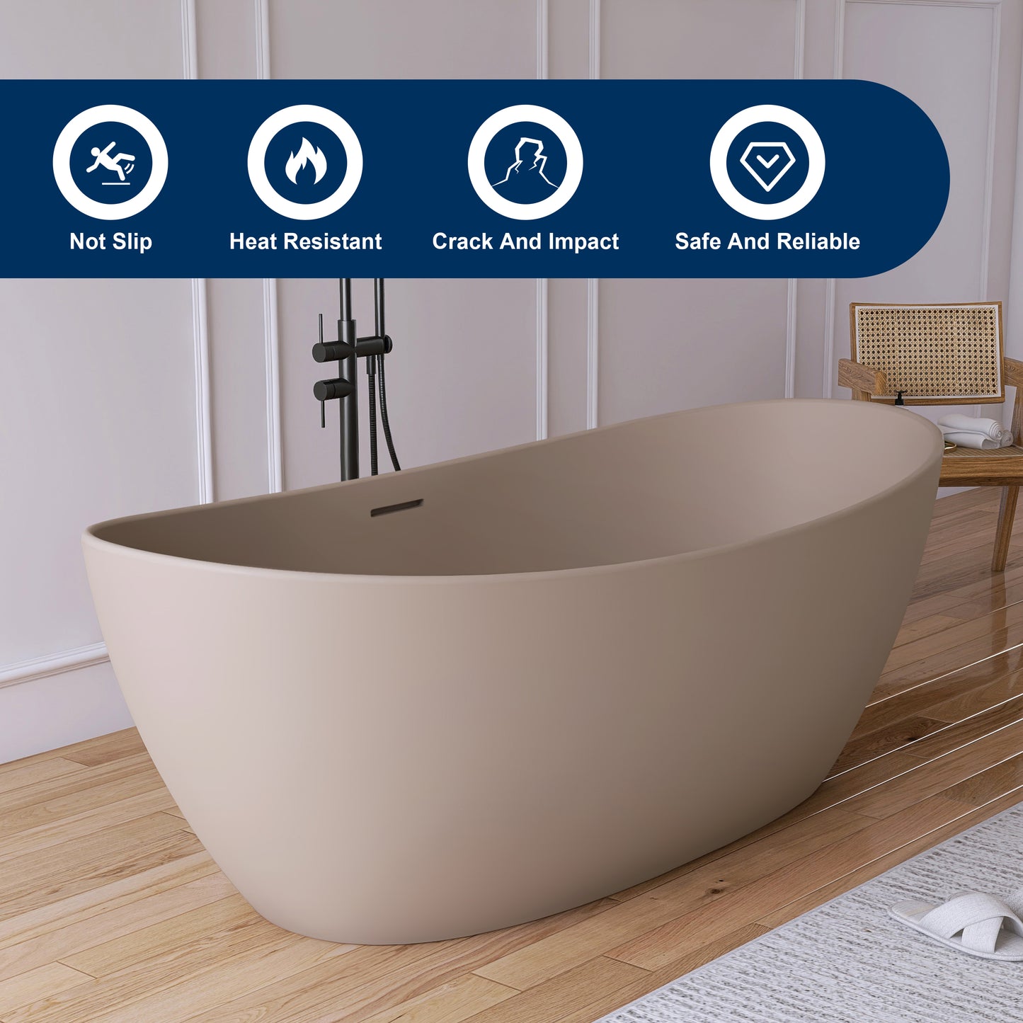 Medunjess 73" Gray-Coffee Monolith Freestanding Bathtub Solid Surface Stone