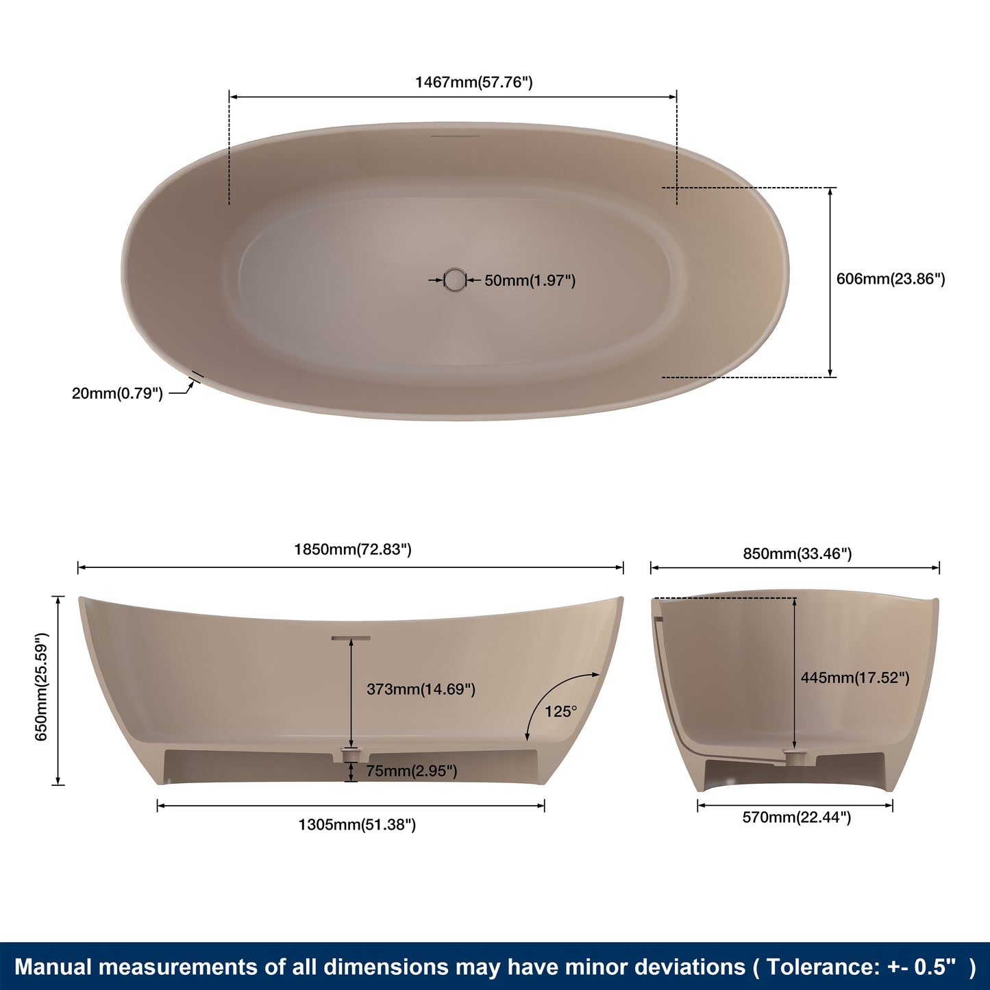 Medunjess 73" Gray-Coffee Monolith Freestanding Bathtub Solid Surface Stone