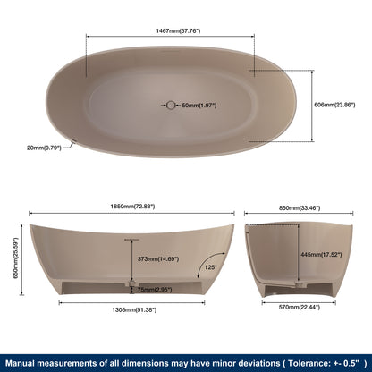 Medunjess 73" Gray-Coffee Monolith Freestanding Bathtub Solid Surface Stone