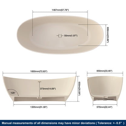 Medunjess 73" Milk-Coffee Monolith Freestanding Bathtub Solid Surface Stone