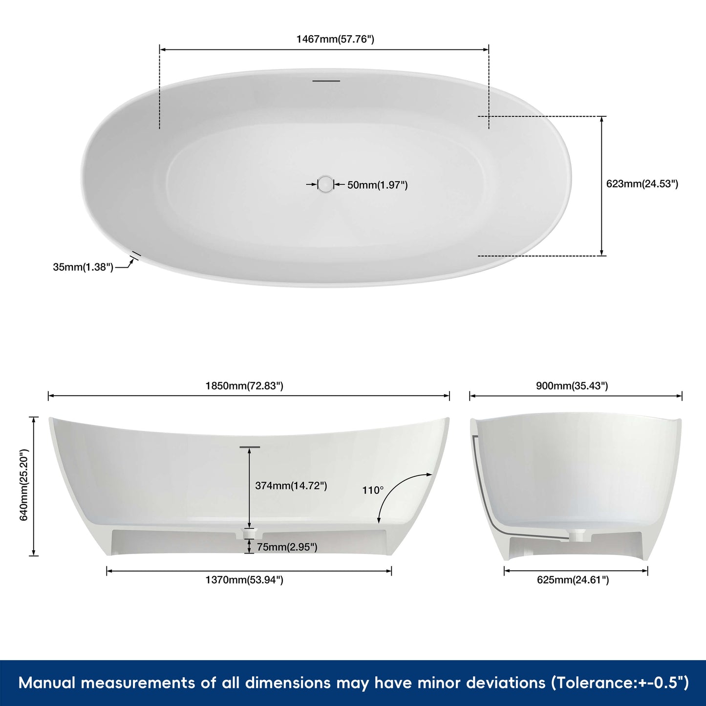 Medunjess 73'' Monolith Freestanding Bathtub Solid Surface Stone