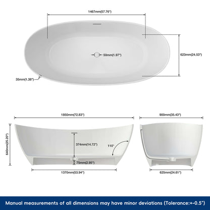Medunjess 73'' Monolith Freestanding Bathtub Solid Surface Stone