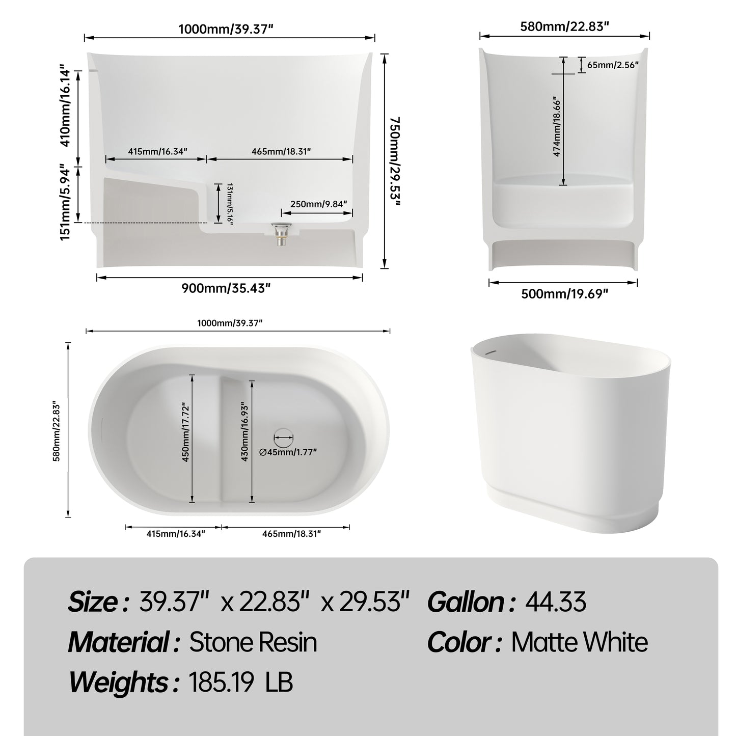 Medunjess 39" Japanese Soaking Tub Solid Surface Freestanding Bathtub for Small Bathrooms