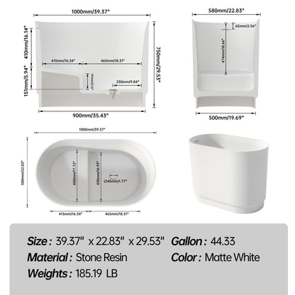 Medunjess 39" Japanese Soaking Tub Solid Surface Freestanding Bathtub for Small Bathrooms