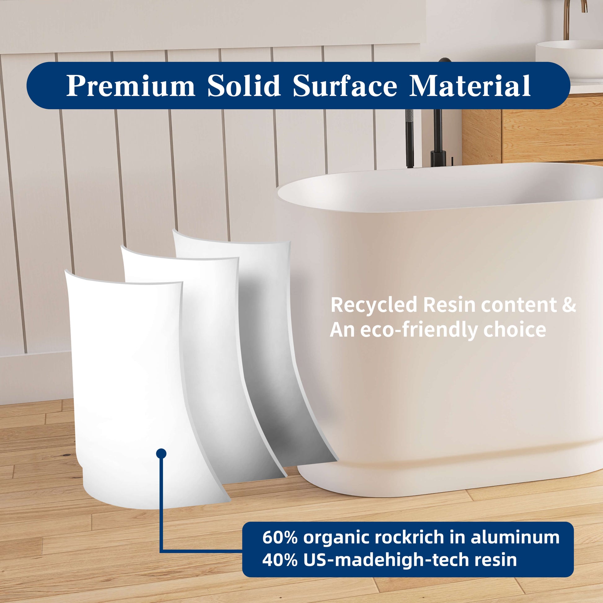 White bathtub with text highlighting premium solid surface material and eco-friendly features.