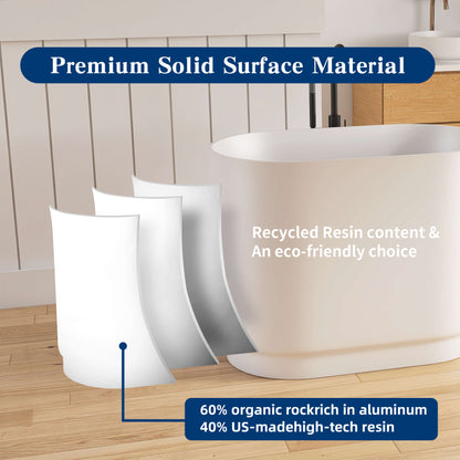 White bathtub with text highlighting premium solid surface material and eco-friendly features.