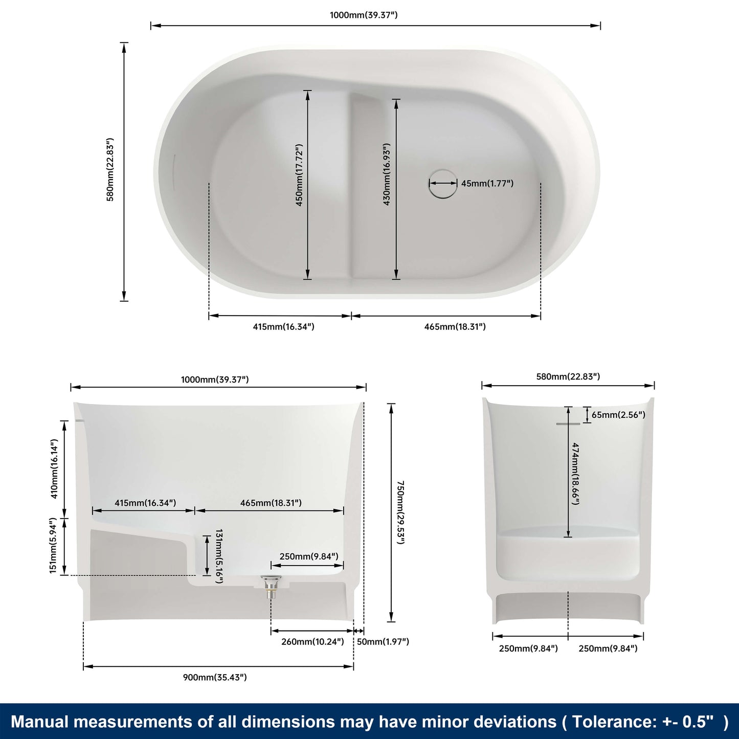 Measurement chart of a white oval bathtub with dimensions labeled.
