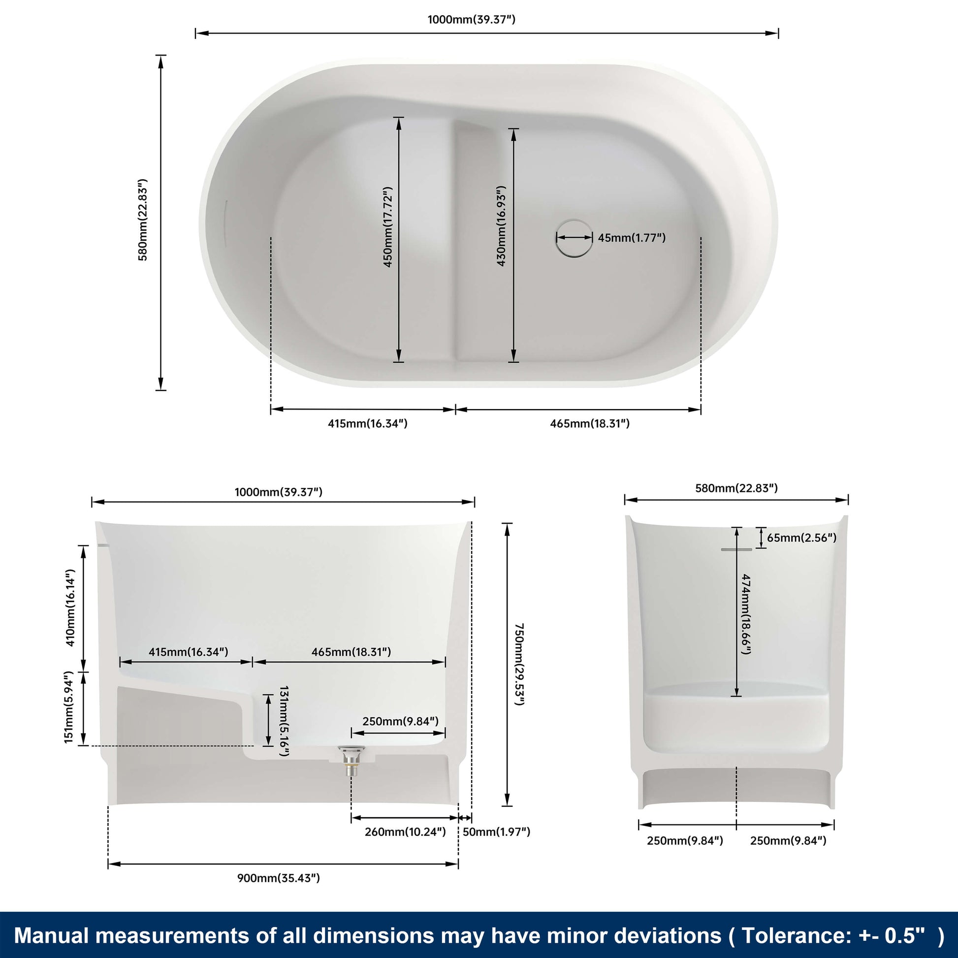 Measurement chart of a white oval bathtub with dimensions labeled.