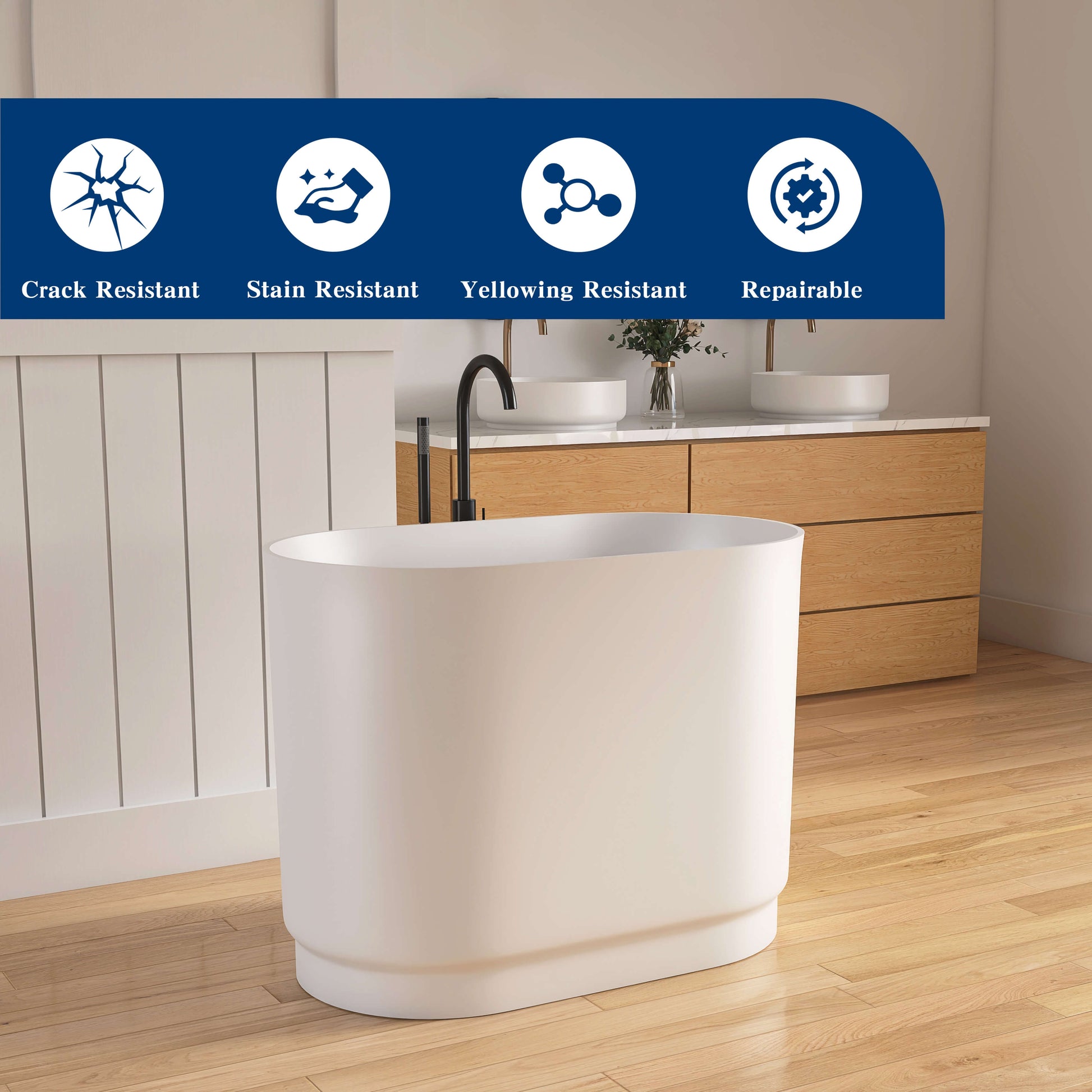 White freestanding bathtub in a bathroom setting with durability features displayed above.