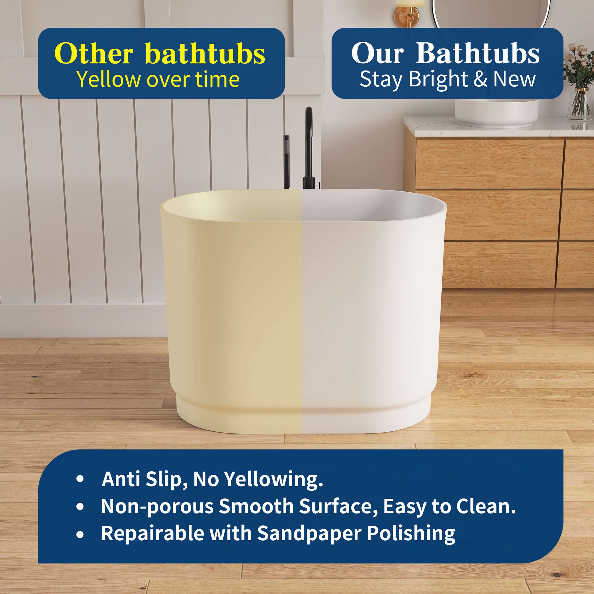 Comparison of a bathtub with and without yellowing, set against a bathroom background.