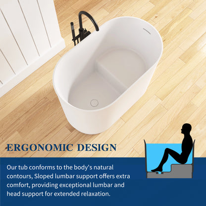White freestanding bathtub on a wooden floor with ergonomic design text overlay