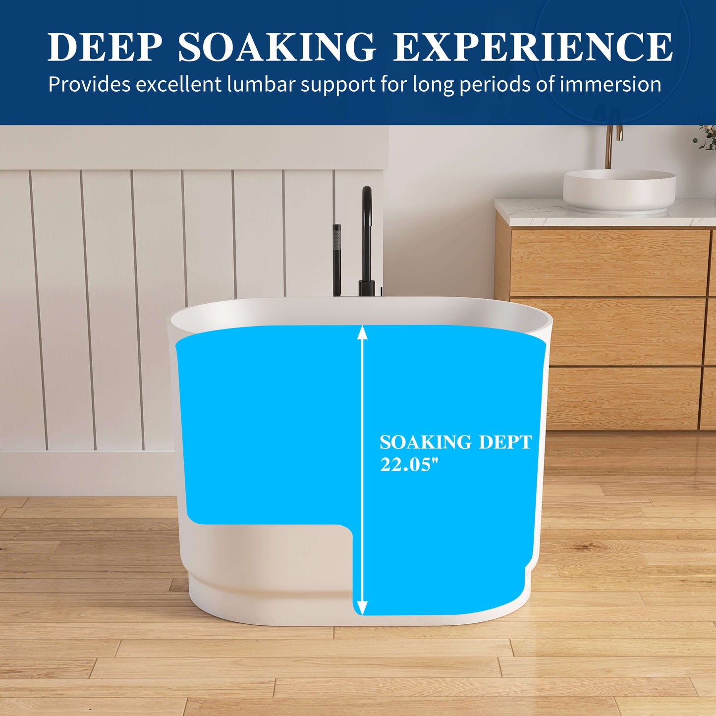 Bath tub with blue soaking depth indicator on a wooden floor, text about deep soaking experience.