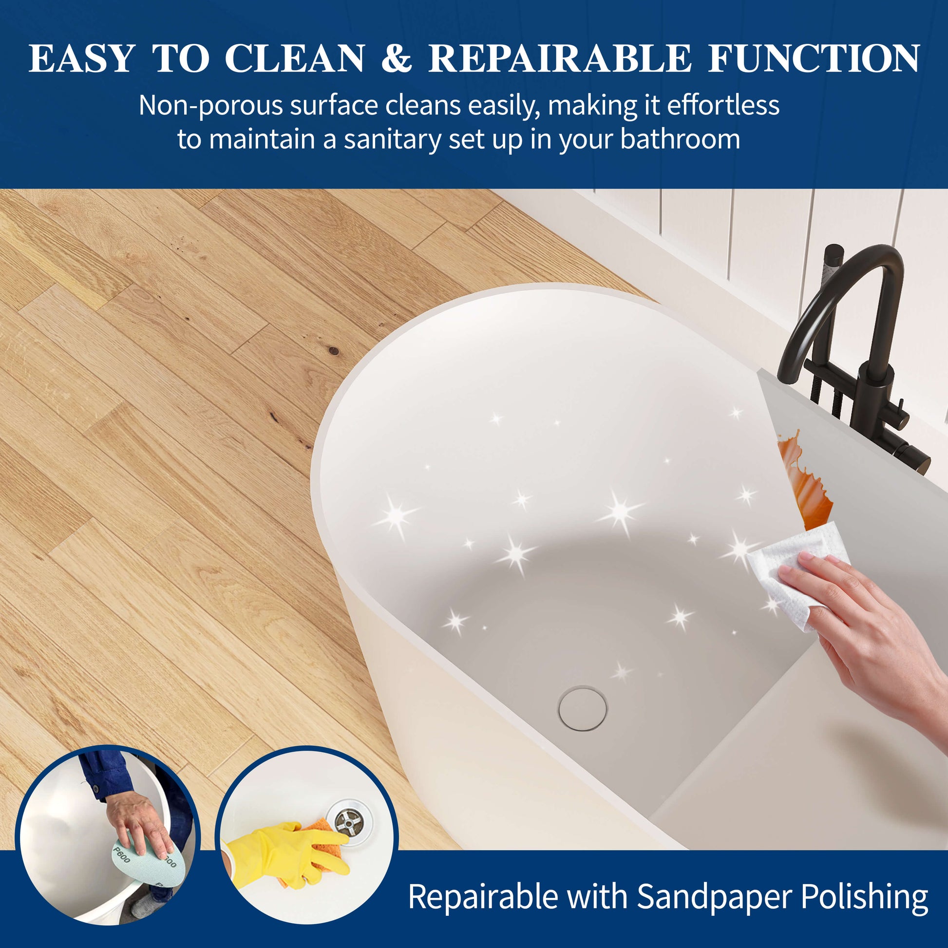 White sink with a hand cleaning it, text about easy cleaning and repairability.