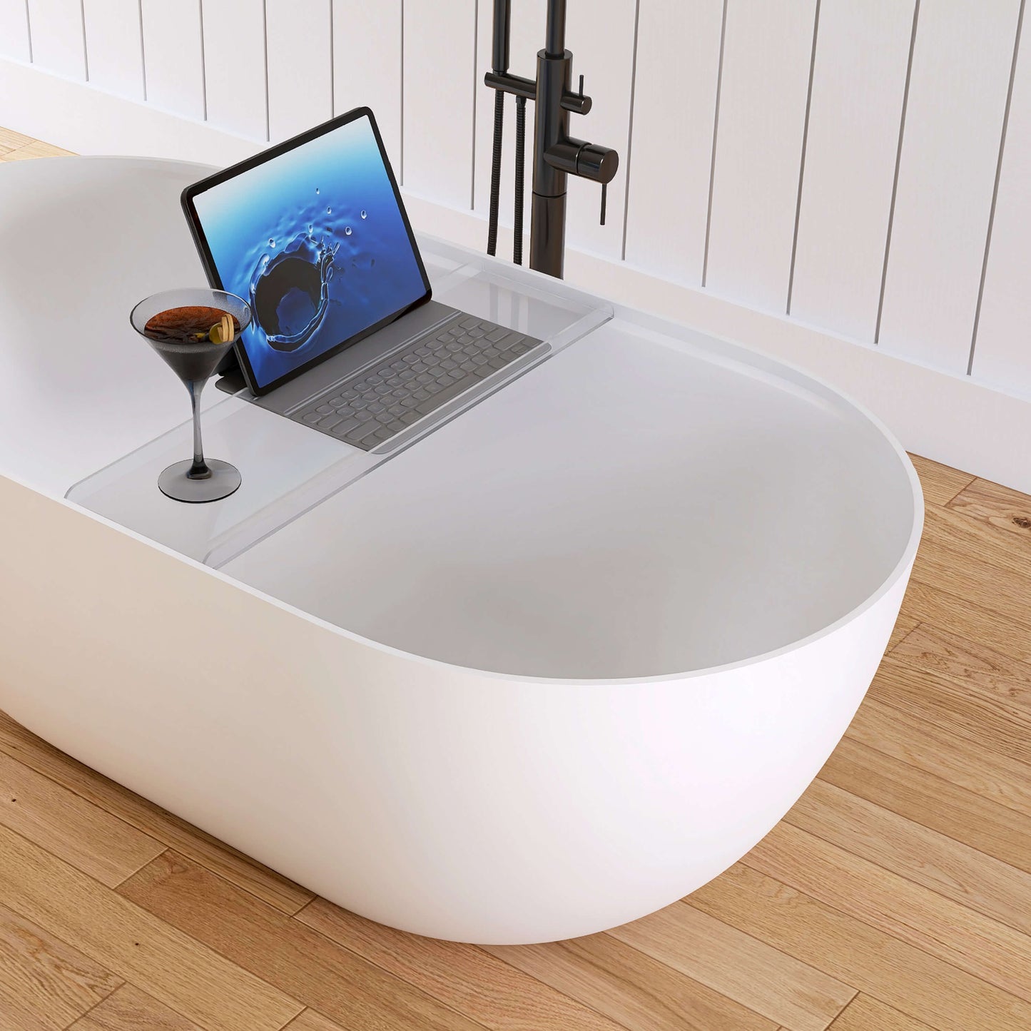 Medunjess 59"Freestanding Artificial Stone Bathtub with Shelf,Non-slip solid surface