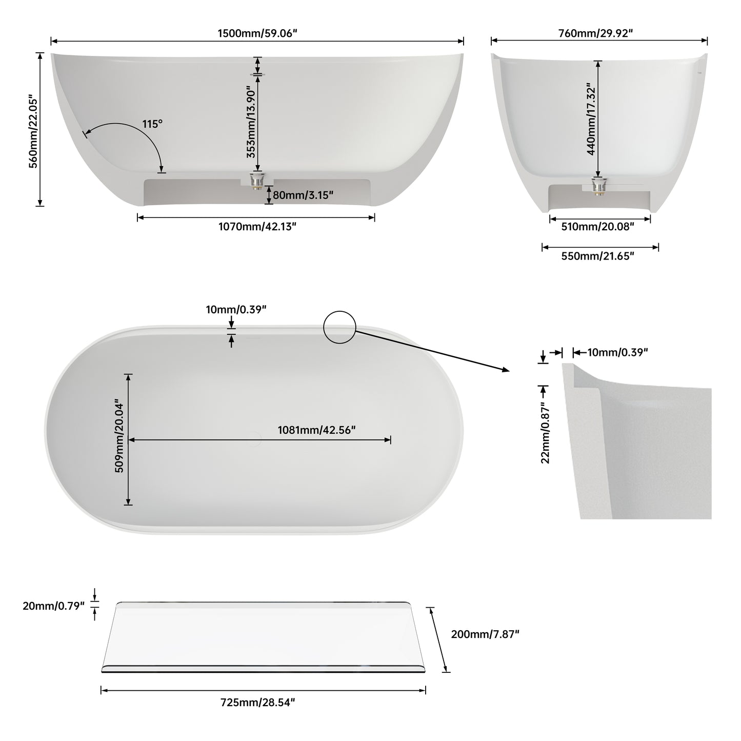 Medunjess 59" White Non-Slip Freestanding Solid Surface Stone Bathtub with Shelf
