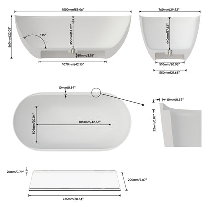 Medunjess 59" White Non-Slip Freestanding Solid Surface Stone Bathtub with Shelf