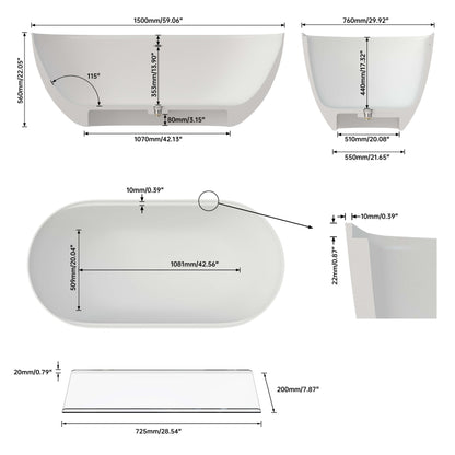 Medunjess 39"Freestanding Artificial Stone Bathtub with Shelf,Non-slip solid surface