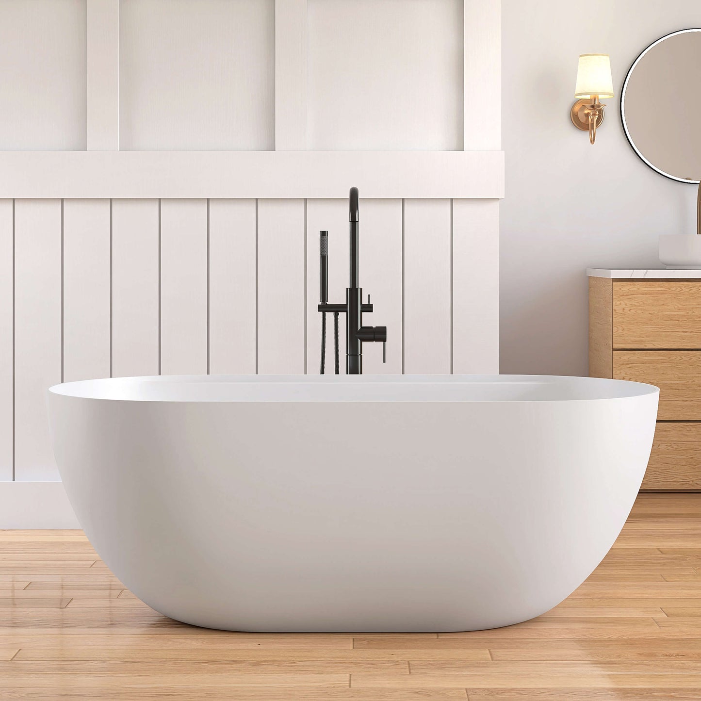 Medunjess 59"Freestanding Artificial Stone Bathtub with Shelf,Non-slip solid surface