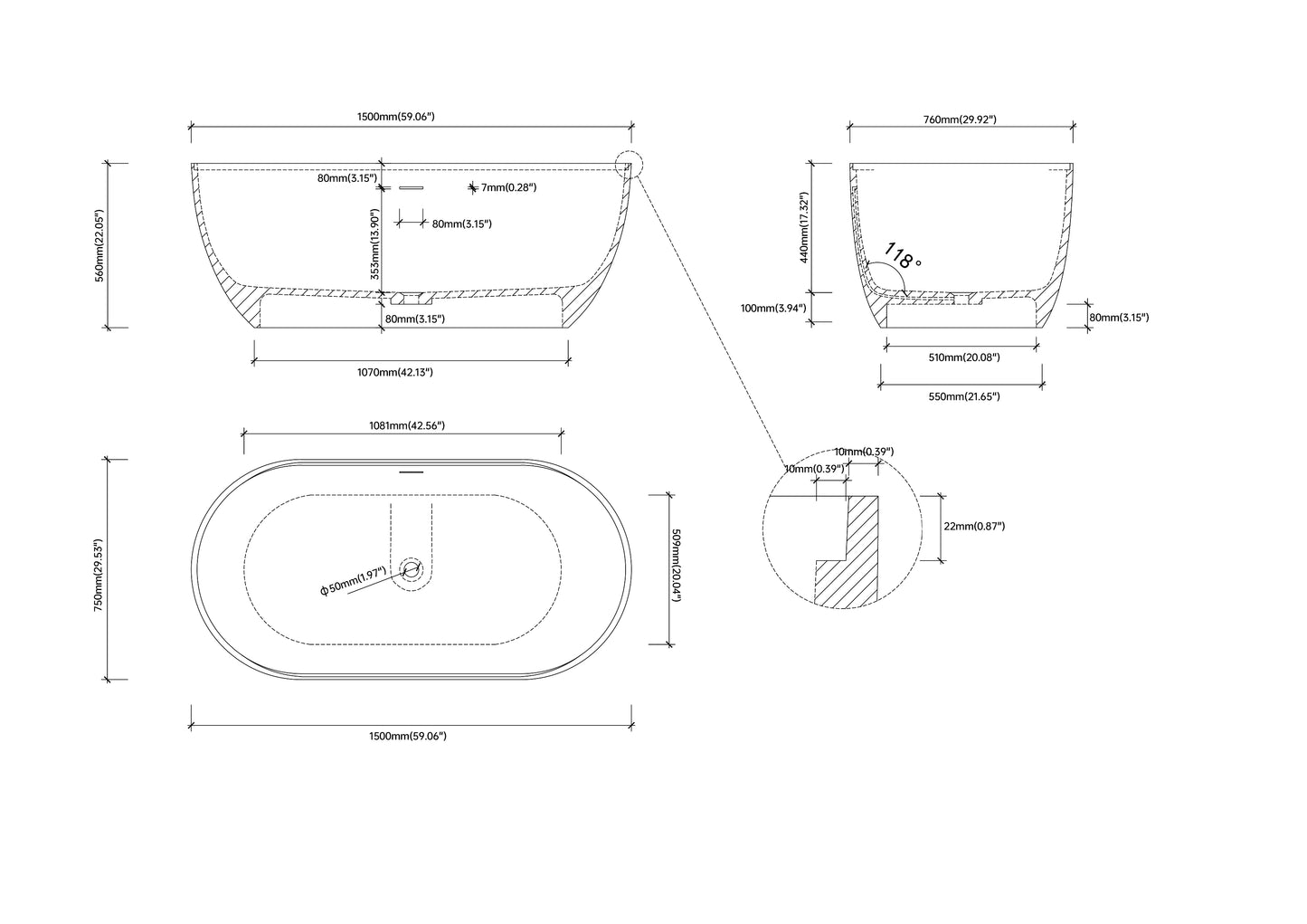 Medunjess 59" White Non-Slip Freestanding Solid Surface Stone Bathtub with Shelf