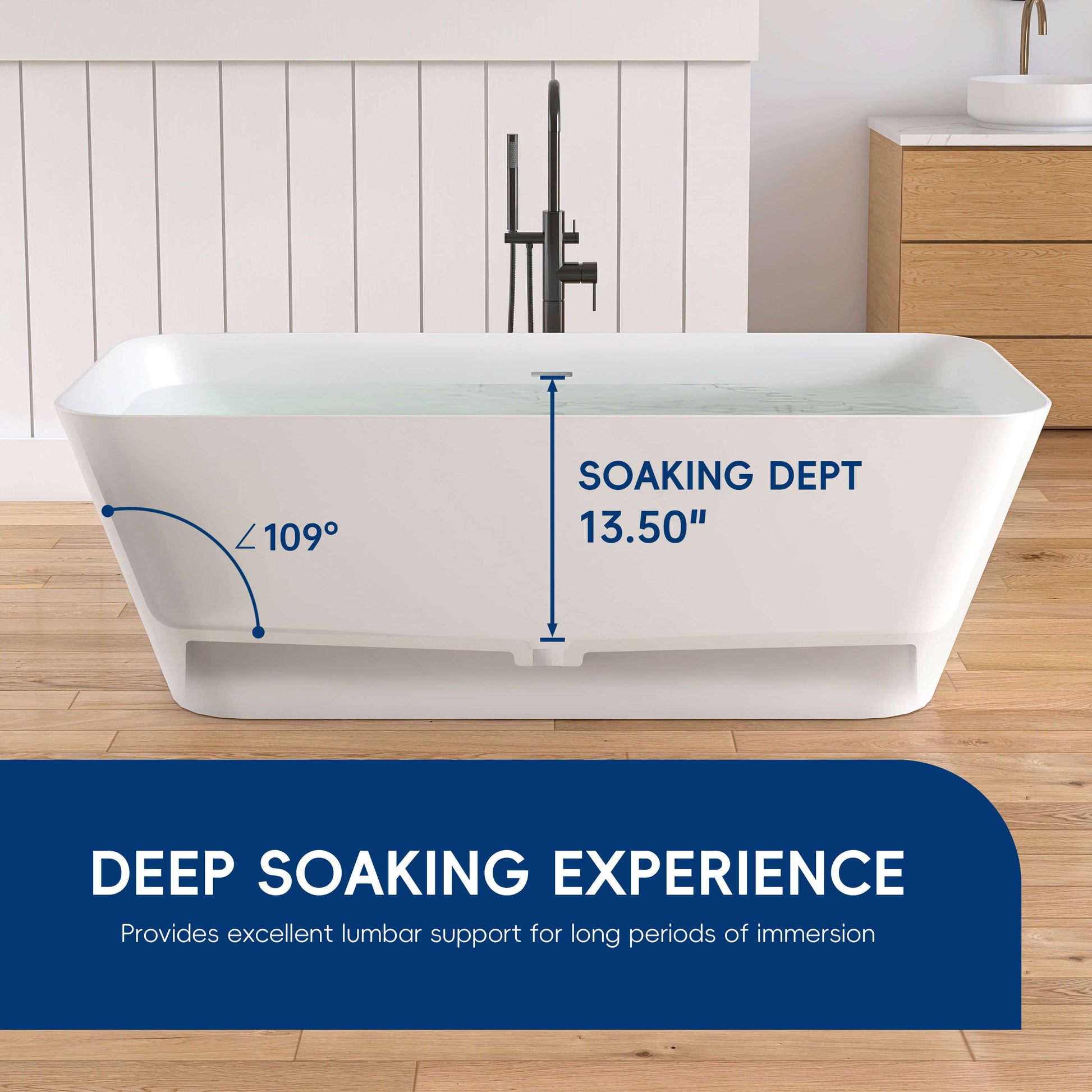 White freestanding bathtub with measurements and text in a bathroom setting