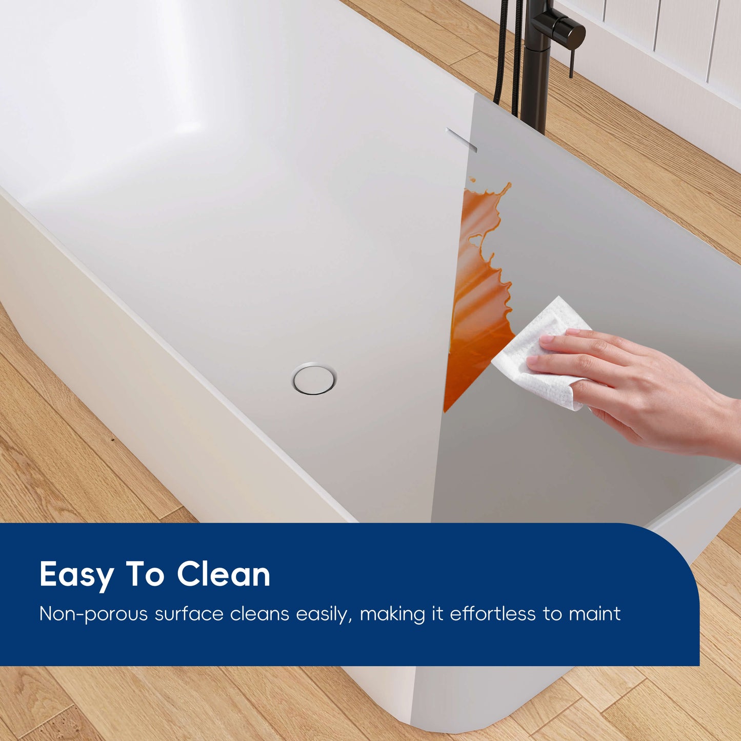 Person cleaning a white sink with a cloth, text 'Easy To Clean' at the bottom.