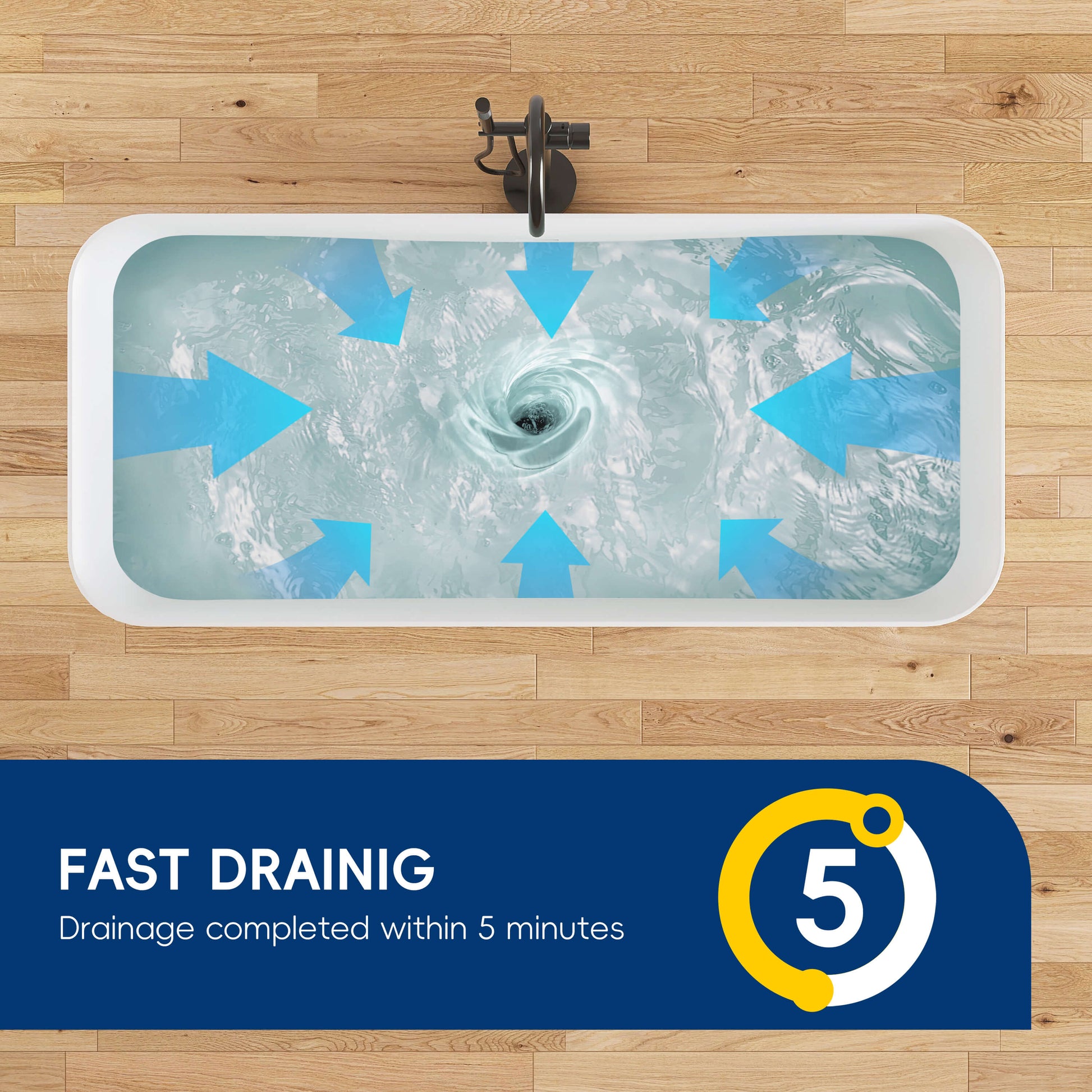 Bath tub with water swirling and blue arrows indicating fast draining, on a wooden floor.