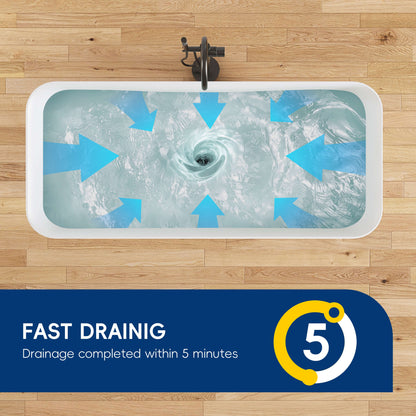 Bath tub with water swirling and blue arrows indicating fast draining, on a wooden floor.