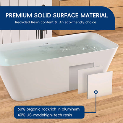 White bathtub on a wooden floor with text about premium solid surface material and recycled resin content.
