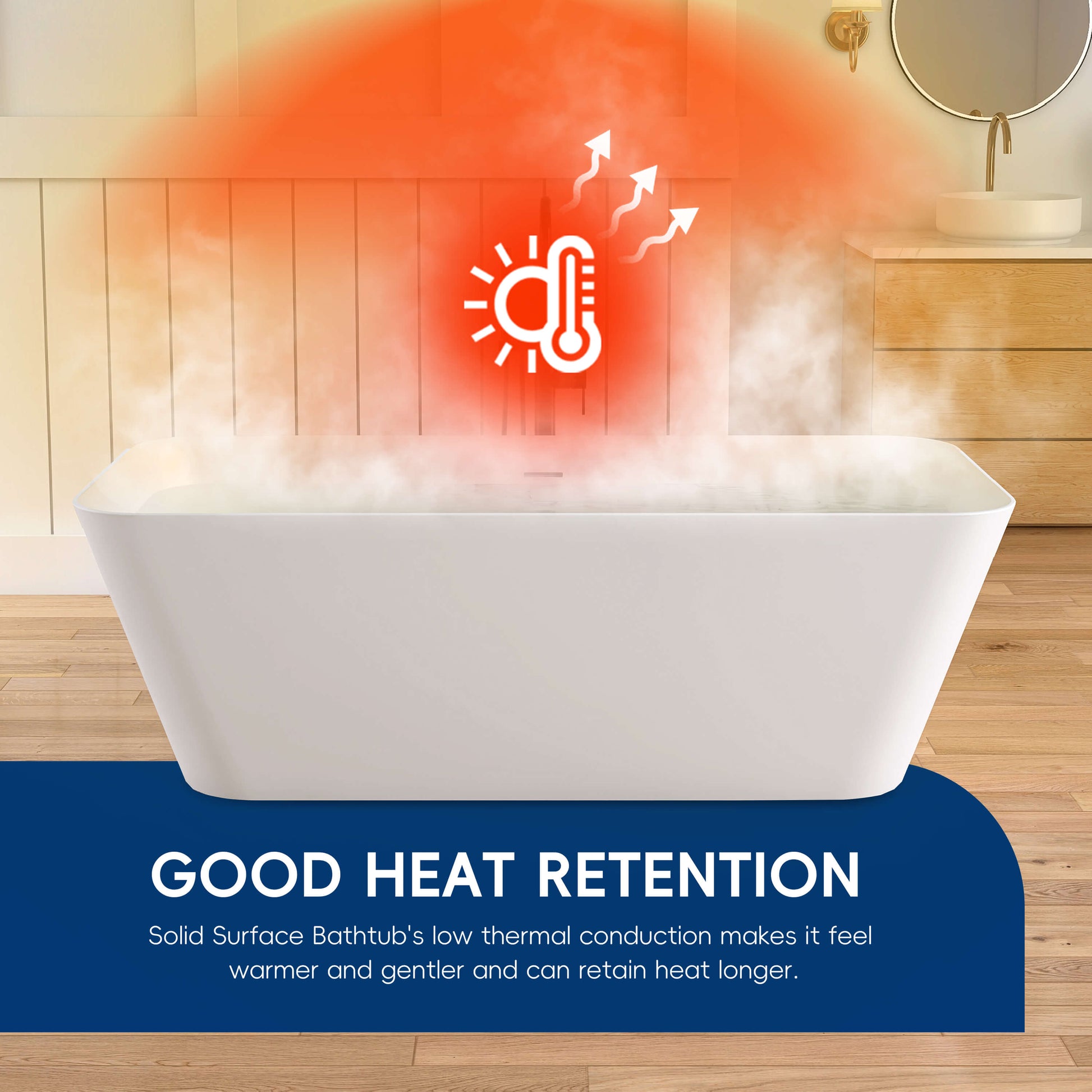 White bathtub with steam in a bathroom setting, highlighting good heat retention.