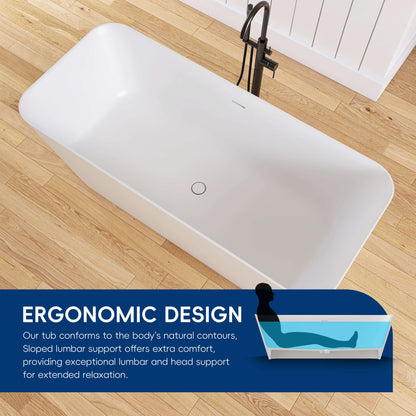 White freestanding bathtub on a wooden floor with ergonomic design text overlay.