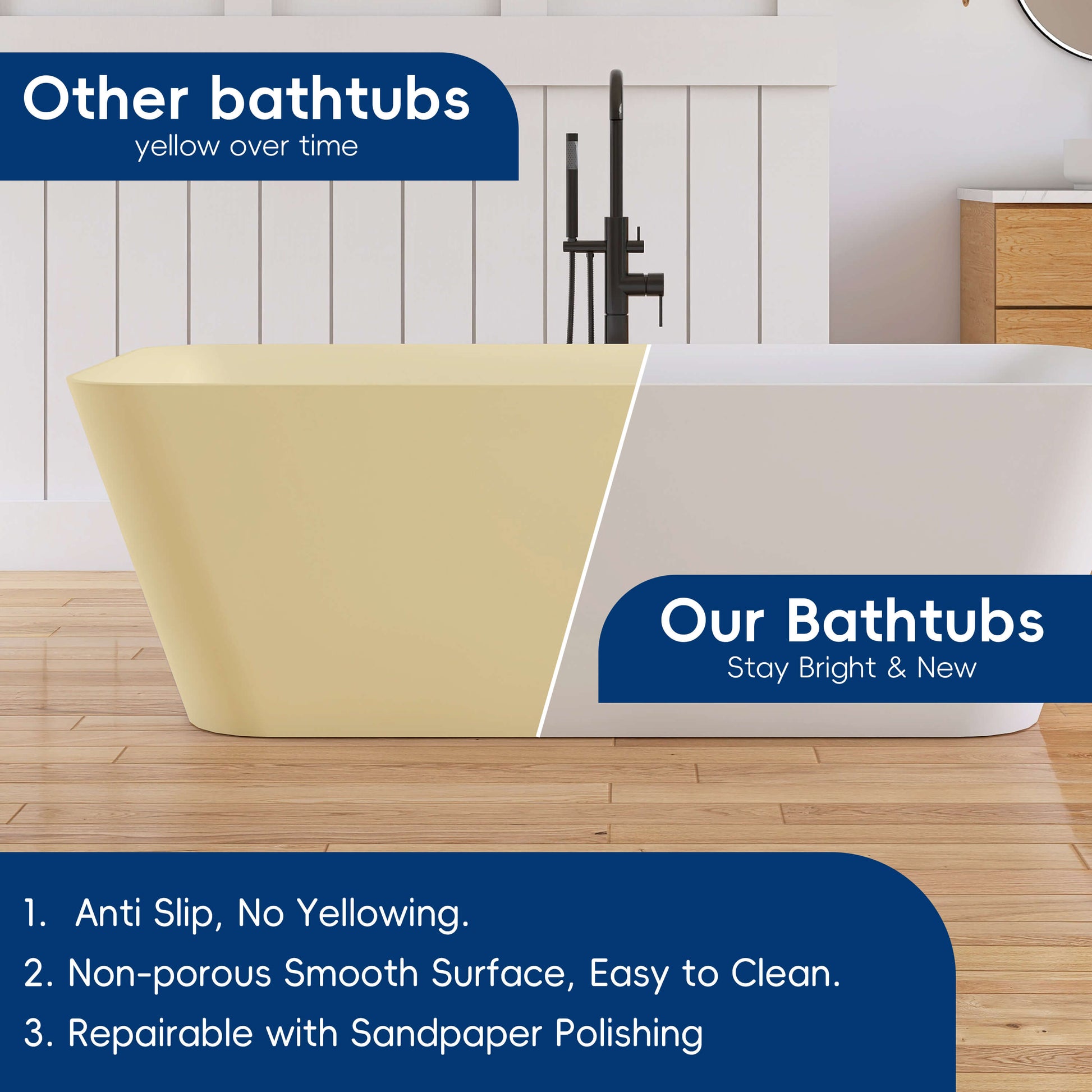 Comparison of yellow and white bathtubs with text highlighting benefits of 'Our Bathtubs'.
