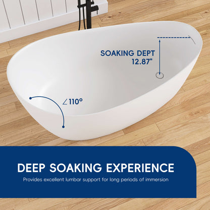 White freestanding bathtub on a wooden floor with measurements and text indicating a deep soaking experience.
