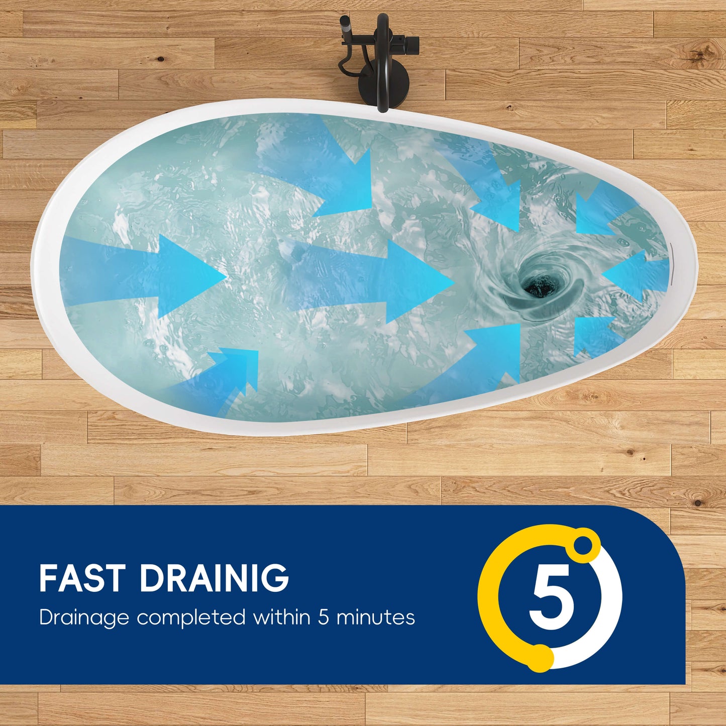 Floor drain with water swirling and blue arrows, labeled 'Fast Drain' on a wooden floor.
