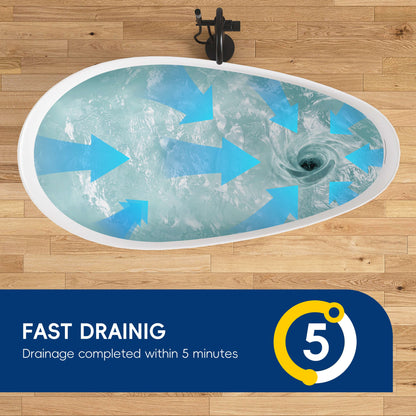 Floor drain with water swirling and blue arrows, labeled 'Fast Drain' on a wooden floor.